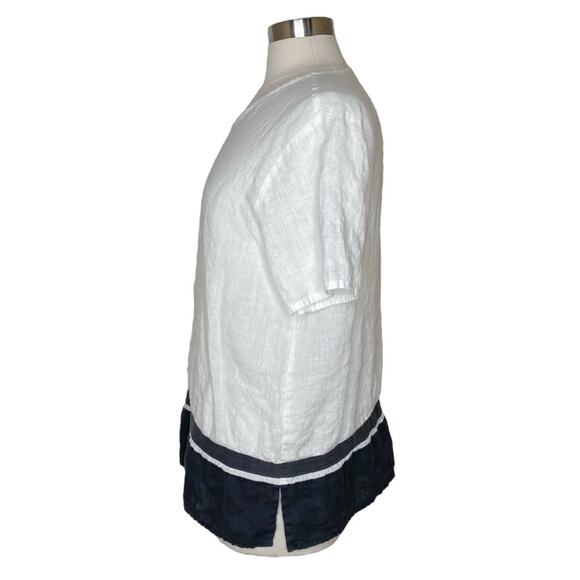 Flax Cream Black Trim Linen Short Sleeve Top Women's Small Minimalist Lagenlook - Picture 4 of 9